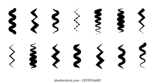 Set of abstract wavy elements and wiggly shapes. Vector illustration. Black and white freeform signs.