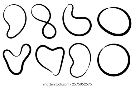 Set abstract wavy ellipse line, rounded line shapes, black wavy outline blobs, organic curved frames, modern minimal design. Thick circular ellipse lines thick circles elements.