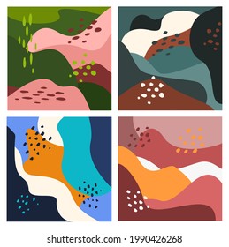 set of abstract wavy hills textures, square art prints, vector illustration