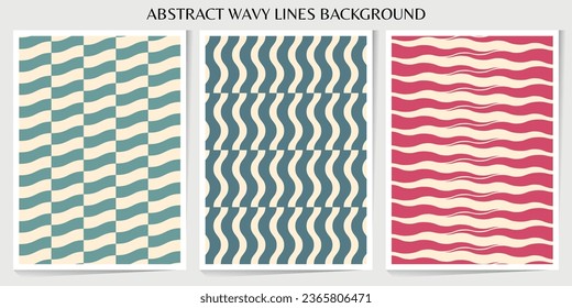 Set of abstract wavy lines seamless pattern. Sunburst, swirl, grunge, waves retro groovy color for vintage vibes poster. Flat vector background isolated.