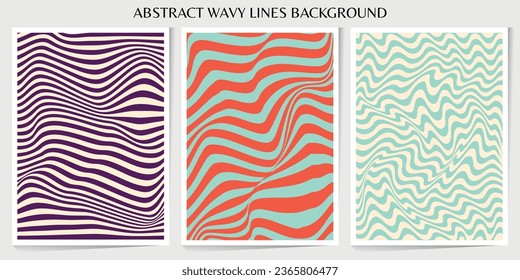 Set of abstract wavy lines seamless pattern. Sunburst, swirl, grunge, waves retro groovy color for vintage vibes poster. Flat vector background isolated.