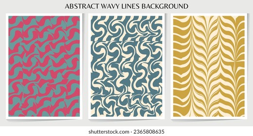 Set of abstract wavy lines seamless pattern. Sunburst, swirl, grunge, waves retro groovy color for vintage vibes poster. Flat vector background isolated.