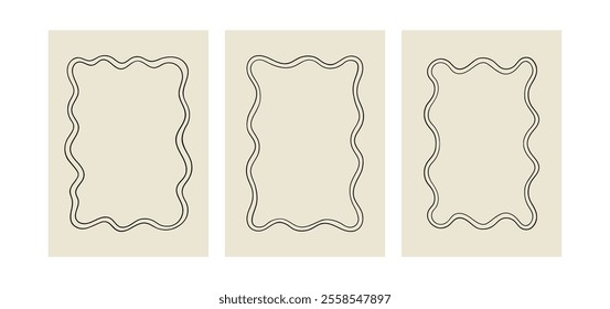 Set of abstract wavy outline frames. Vector hand drawn quirky illustration. Template for posters and greeting cards