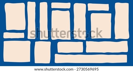Set of abstract wavy rectangle frames and blocks on blue background, suitable for modern layouts, text boxes, posters, cards, UI design, and editorial templates.