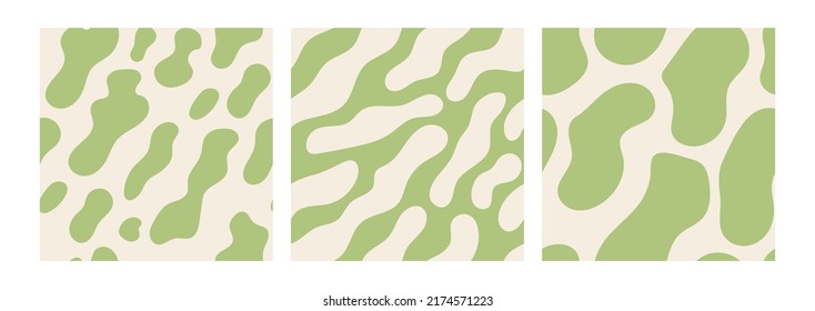 Set of abstract wavy seamless patterns in y2k style. Trendy retro psychedelic backgrounds in 90s, 00s style. Hippie, trippy patterns with liquid organic shapes