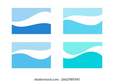Eine Reihe von abstrakten wellenförmigen Formen zum Teilen einer Webseite, Banner in Blau- und Smaragdtönen, Vektorgrafik. Kollektion von Trennelementen einzeln auf weißem Hintergrund für Hintergrund, Titel