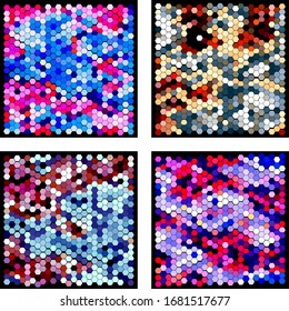 Set of an abstract wavy surfaces consisting of hexagons of different colors against black background. Beautiful geometric composition. Vector illustration of a mosaic pattern. Hexagonal backdrop.