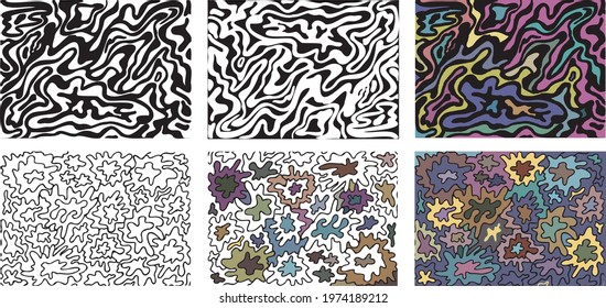 A set of abstract wavy textures for coloring. Anti stress. Set of abstract black and white and colored backgrounds. Illustration. Vector, eps10.