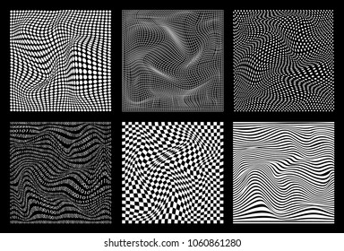 set of abstract wavy twisted distorted line dots squares binary code black and white textures backgrounds