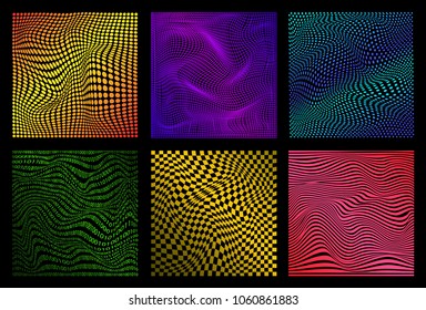set of abstract wavy twisted distorted effect line dots squares grid binary code gradient colored textures backgrounds vector illustration design
