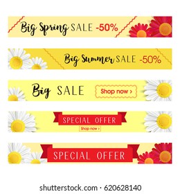 Set of abstract web banner templates with floral background. Big sale and special offer banners. Long size banners.