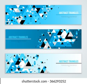 Set of abstract web banners with blue geometric triangle shapes. Vector design layout for business presentations, flyers, posters. Scientific future technology background. Geometry polygon.