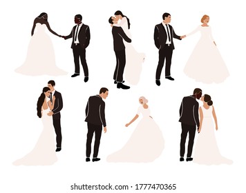 Set of abstract wedding couple grooms and brides in various pose isolated. Multiracial african american european fiancee bridegroom marriage people vector illustration in cartoon flat style