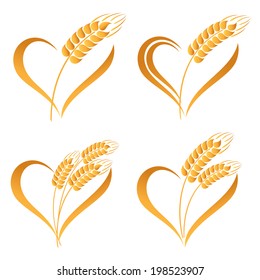 Set of abstract wheat ears icons with heart element