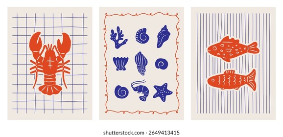 Set of abstract whimsical posters with fish, lobster and sea shells. Trendy beach prints in blue and red colors. La dolce vita coastal design. Vector graphic