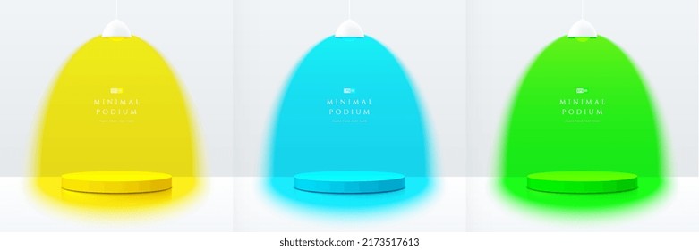 Set of abstract white 3D room with realistic cylinder pedestal podium in yellow, blue and green lighting. Minimal scene for mockup product display presentation. Vector geometric forms. Stage showcase.