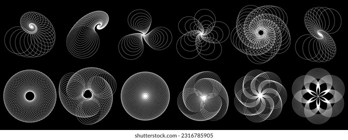 Set of abstract white design elements. Geometric shapes on a black background. Circle in a spiral with lines as an icon, logo or design element. Vector illustration EPS 10