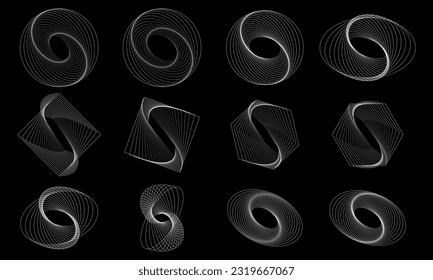 Set of abstract white design elements. Geometric shapes on a black background. Circle in a spiral with lines as an icon, logo or design element. Vector illustration EPS 10