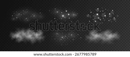 Set of abstract white glares bokeh and glowing particles with snowy fog effect. Cold mist with snow dust for fantasy scenes or Christmas concept. Light effects for your design. Vector illustration.