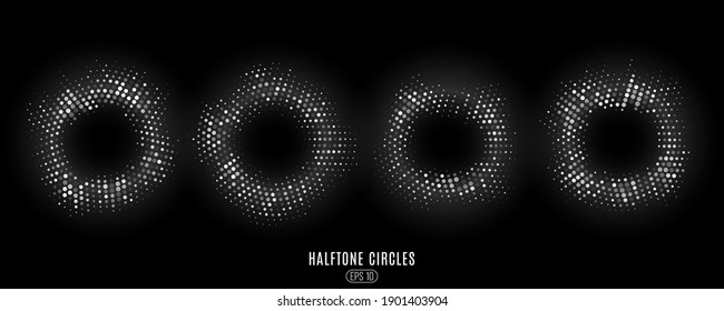 Set of abstract white glittering halftone circles. Glowing dots circles for a disco. Round frames on a black background for graphic design. Retro elements. Vector illustration. EPS 10.