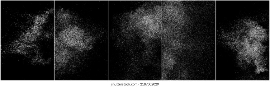 Set of abstract white grainy texture isolated on black background. Dust overlay textured. Grain noise particles. Snow effects. Design  element. Vector illustration, EPS 10.  
