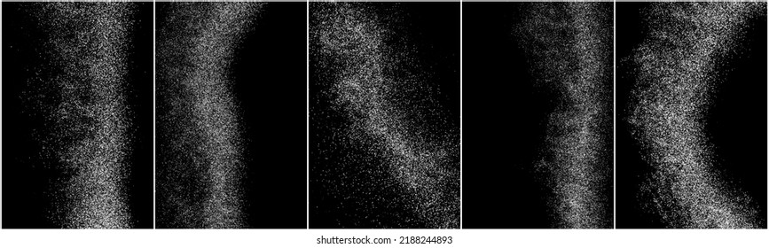 Set of abstract white grainy texture isolated on black background. Dust overlay textured. Grain noise particles. Snow effects. Design  element. Vector illustration, EPS 10.  