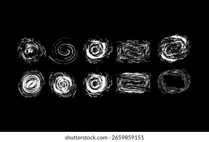 Set of abstract white grunge shapes including messy circles, spirals, and rough rectangles on a black background.