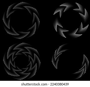 Satz abstrakter weißer Halftonpunkte. Halftone Punkte in Wirbelform. Geometrische Kunst. Trendy design element.Circular and radial lines volute, helix.Segmentierte kreis mit Rotation