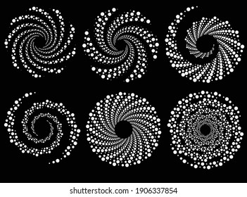 Set of abstract white halftone dots.Black halftone dots in vortex form. Geometric art. Trendy design element.Circular and radial lines volute, helix.Segmented circle with rotation