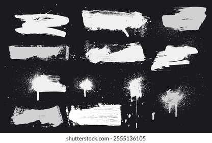 Set of abstract white ink smear brush stroke elements. Collection of grunge thick dry brush strokes on canvas. Isolated on black background. Vector bold grunge illustration.