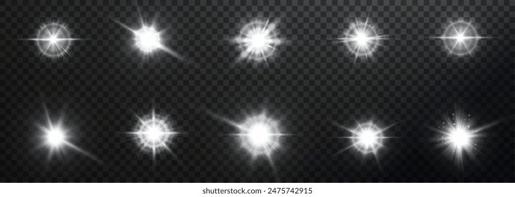 Set of abstract white light effects with reflections on a transparent background. Vector 10 EPS	