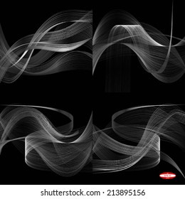 set of abstract white line grey wave gray band on black background vector