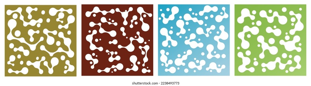 Set of abstract white pattern metaballs design in yellow red green blue gradient background. Vector illustration.