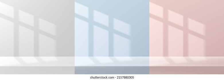 Set of abstract white, pink, blue 3D room and desk or tables with window light and shadow. Pastel minimal scene collection. Vector rendering geometric forms for mockup product display. Stage showcase.