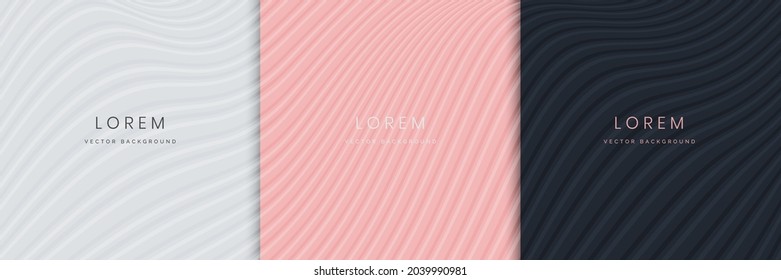 Conjunto de curvas de fondo elegantes, de color blanco abstracto, rosa, azul oscuro, línea de onda. Estilo minimalista. Puede usar para publicidad, afiche, plantilla, presentación comercial. Ilustración del vector