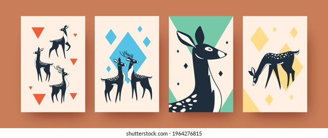 Set of abstract wild deer in Scandinavian style. Geometric elements and proud deer in vector illustrations. Forest animals and wildlife concept for social media, postcards, invitation cards
