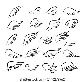 Set of  Abstract Wings birds and angel or others in line art doodle style in black and white