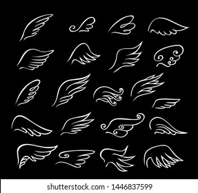 Set of  Abstract Wings birds and angel or others in line art doodle style in black and white
