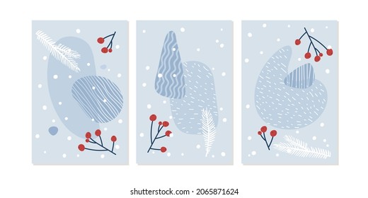 Set of abstract winter background with organic shapes, red berries, christmas tree twig, snow. Minimal vector Holidays poster. Blue red trendy collage for wall art decoration, postcard, cover design
