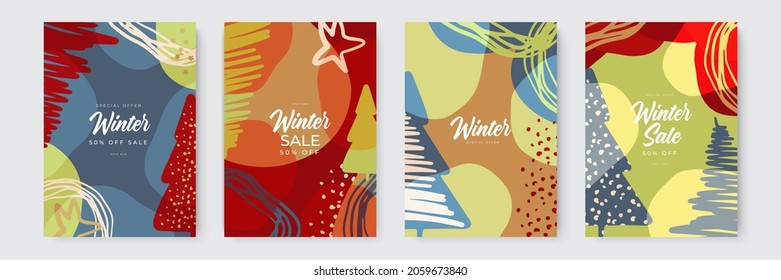 Set of abstract winter backgrounds. Colorful winter banners with falling snowflakes, snowy trees. Wintry scenes. Use for event invitation, discount voucher, ad.