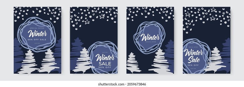 Set of abstract winter backgrounds. Colorful winter banners with falling snowflakes, snowy trees. Wintry scenes. Use for event invitation, discount voucher, ad.