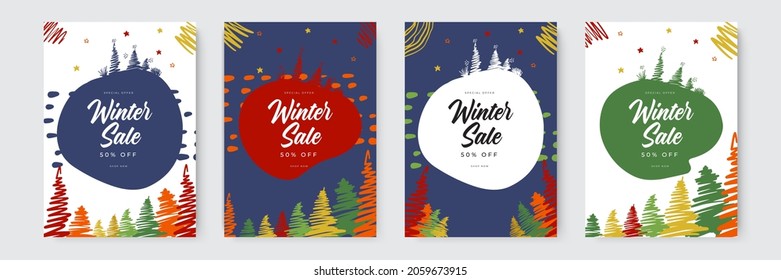 Set of abstract winter backgrounds. Colorful winter banners with falling snowflakes, snowy trees. Wintry scenes. Use for event invitation, discount voucher, ad.