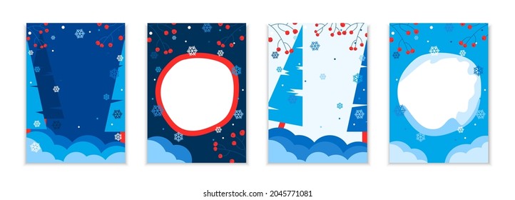 Set of abstract winter backgrounds for posters. Colorful winter banners with falling snowflakes, fir trees and red berries. Winter landscapes. Use for event invitations, discount coupons, advertisemen