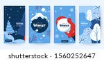 Set of abstract winter backgrounds for social media stories. Colorful winter banners with falling snowflakes, snowy trees. Wintry scenes . Use for event invitation, discount voucher, ad. Vector eps 10