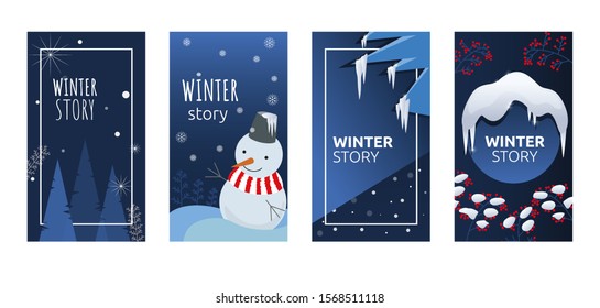 Set of abstract winter backgrounds for social media stories. Colorful winter banners with snowy scenes. Best for banner, flyer,  invitation, discount voucher, ad. Vector eps 10