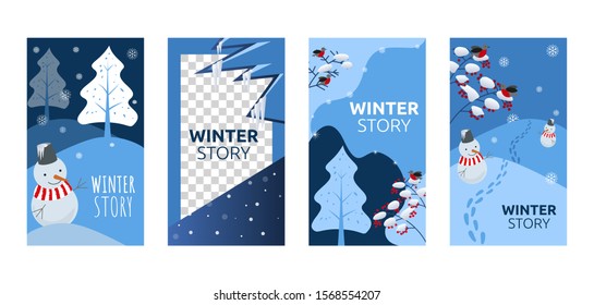 Set of abstract winter backgrounds for social media stories. Colorful winter banners with snowy scenes. Best for banner, flyer, invitation, discount voucher, ad. Vector eps 10