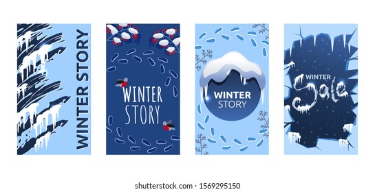 Set of abstract winter backgrounds for social media stories. Colorful winter banners with snowy scenes. Best for banner, flyer, invitation, discount voucher, ad. Vector eps 10