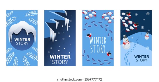 Set of abstract winter backgrounds for social media stories. Colorful winter banners with snowy scenes. Best for banner, flyer, invitation, discount voucher, ad. Vector eps 10