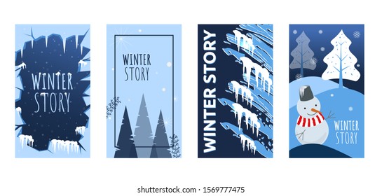 Set of abstract winter backgrounds for social media stories. Colorful winter banners with snowy scenes. Best for banner, flyer, invitation, discount voucher, ad. Vector eps 10