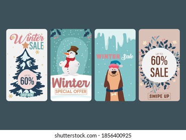 Set of abstract winter backgrounds for social media stories. Colorful winter banners with falling snowflakes, snowy trees. Wintry scenes . Use for event invitation, discount voucher, ad. Vector eps 10